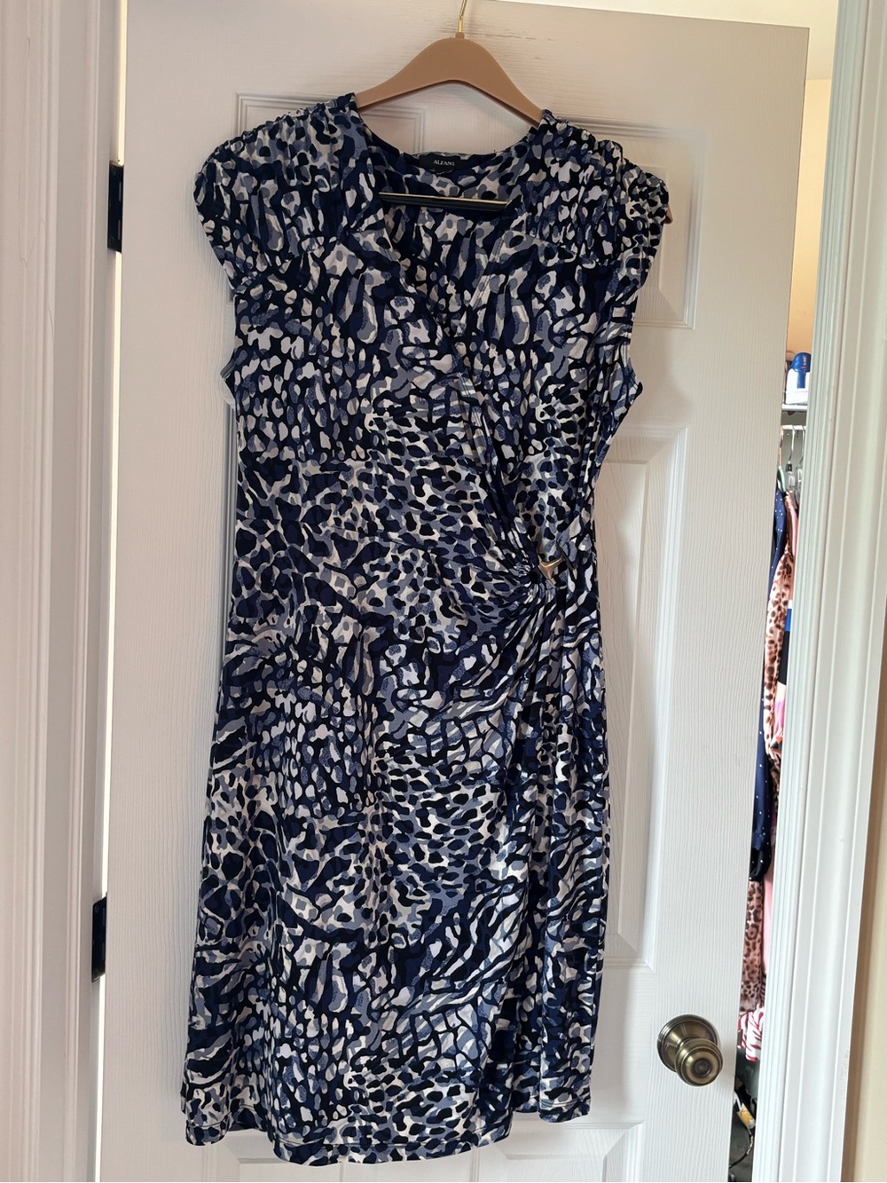 Alfani Navy and White Printed Faux-Wrap Midi Dress